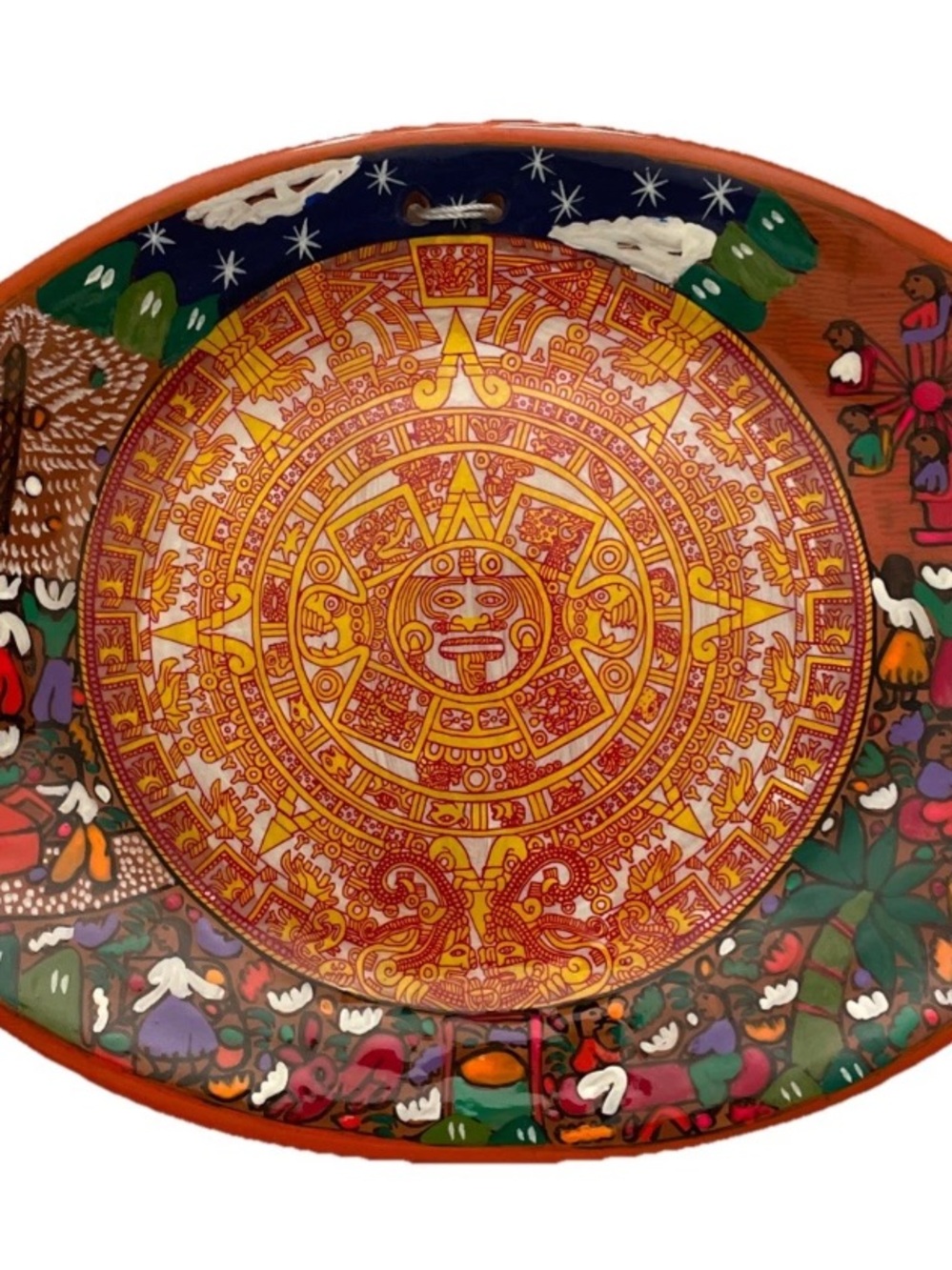 MEXICANA Hand-Painted Aztec Calendar Wall Plate in Orange and Yellow